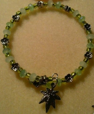 Green Bracelet with Marijuana leaf charm